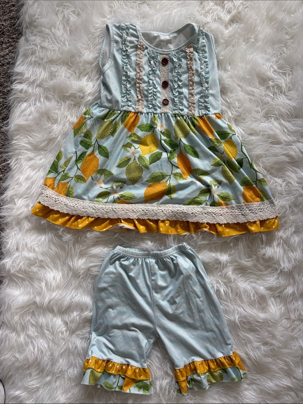 Girls Lemon Print Ruffle Dress & Shorts Set - Light Blue & Yellow